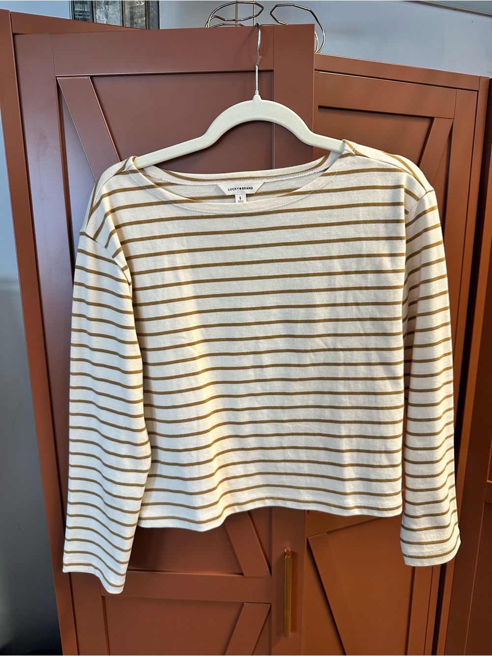 Lucky Brand Cream and Mustard Striped Tee 100% Cotton